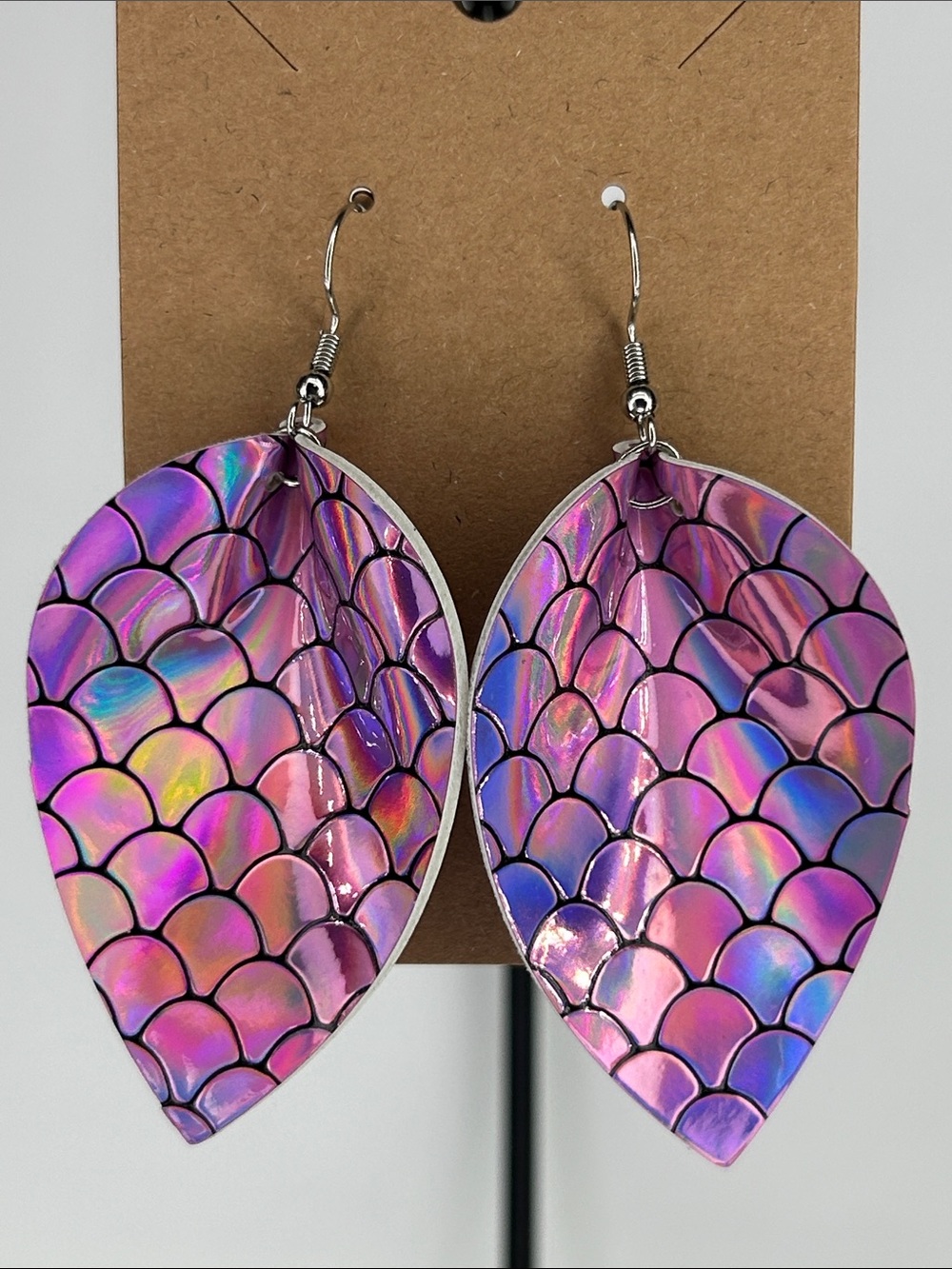 Synthetic Faux Leather Mermaid Pinch Petal Dangle Earrings